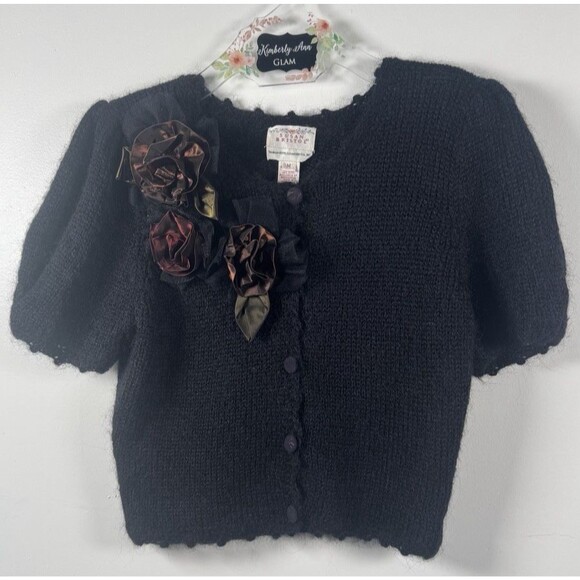 VINTAGE Susan Bristol floral applique cardigan black puff sleeves sweater Medium - Picture 2 of 7